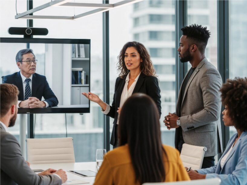 B2B marketing and sales team analyzing funnel performance during a hybrid meeting, reviewing CRM data and conversion metrics on laptops and screens