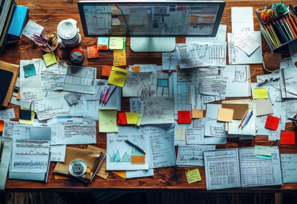 Disorganized workspace covered with reports, sticky notes, and charts, representing data chaos and lack of visibility in B2B marketing and sales systems.