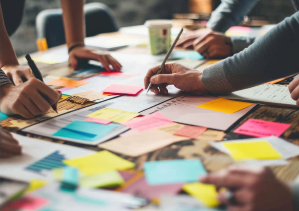 Marketing and leadership team collaborating on strategy using sticky notes and charts, representing how a fractional CMO organizes ideas and aligns departments for growth.