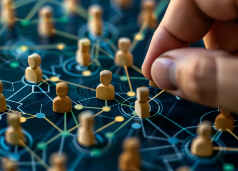 CRM contact records and account relationships shown as a network, representing deduplication and data hygiene